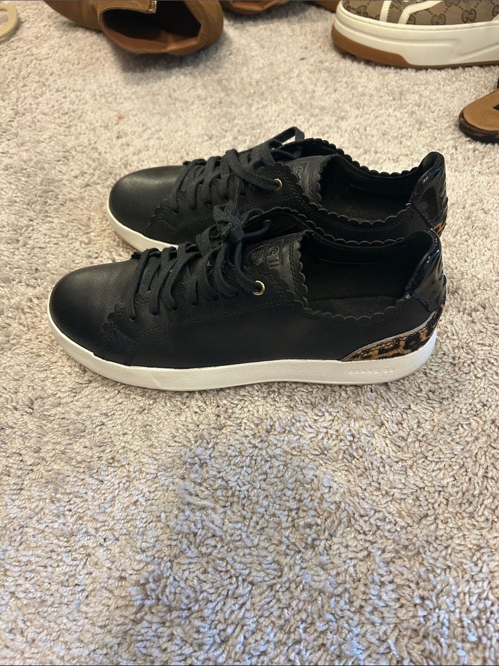 Cole Haan Black Scalloped Leather Sneakers with Leopard Accent